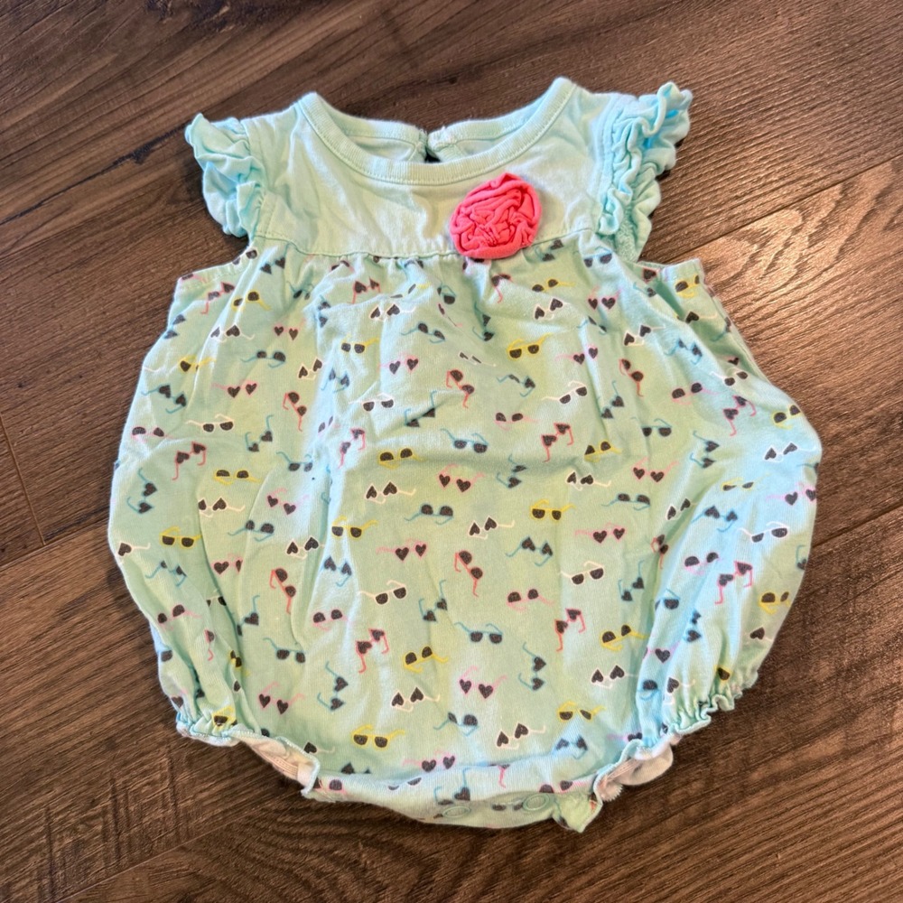 Circo Baby Girl Mint Green Sunglasses Print Bubble Romper Ruffle Sleeve 3M